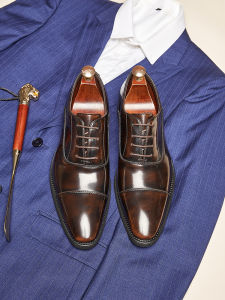 รองเท้าหนังหัวแหลมสำหรับผู้ชาย Oxford Business Formal Handmade Leather Shoes รองเท้าแต่งงานส้นแบนสไตล์อังกฤษ