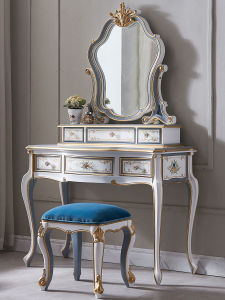 European Style Solid Wood Makeup Desk Creamy Vintage Bedroom Teenage Girls Dressing Table Floral Carved Master Design Furniture