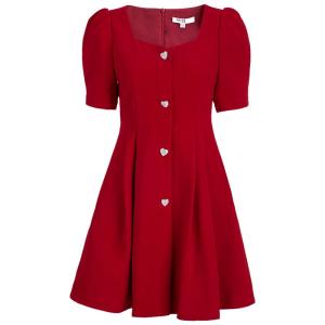 Aivei Designer High Waist French Vintage Dress N0360147 Womens Commute Style Button Detail Bubble Sleeve Pleated Skirt Dress