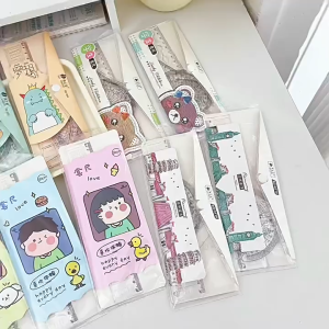 4pcs Cartoon Ruler Set Tool Kids Stationery Set Fun Drawing Learning Transparent Plastic Ruler Set