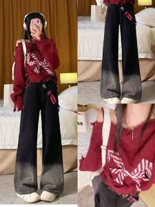 High Waist Straight Leg Loose Fit Gradient Color Zipper Design Womens Denim Pants Autumn Winter New Style Black Long Trousers