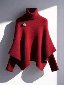 Christmas Theme Red Knitted Sweater Lazy Style High Neck Long Sleeve Korean Version Regular Fit Commute Style Single Piece