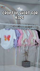Trendy Ruched Side String Croptop Korean Style Short Sleeve Bowknot Design Coquette Blouse Shirt for 5-12Y Kids Girls