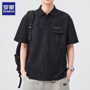 ROMON | High-end Business Leisure Full-print Collar Short-sleeve T-shirt