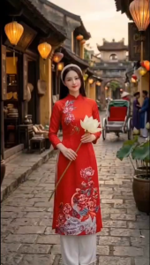 Áo dài đỏ vải gấm sang trọng