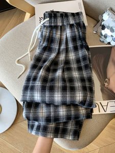 Quần Ống Rộng Kẻ Caro Cổ Điển Cho Nữ Cạp Chun Có Dây Rút Dáng Rộng Dài Đến Sàn Phong Cách Hàn Quốc Mùa Thu 2024