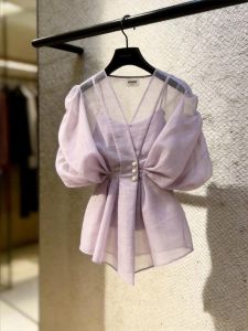 KUNAILIN | Elegant Purple Puff Sleeves V-Neck Waist-Fitted Shirt For Women