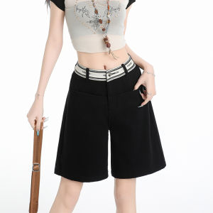 กางเกงขาสั้นผ้ายีนส์ทรงเอเอวสูงสีดำ ทรงหลวม ทรงตรง ทรงขาบาน กางเกงขายาวทรงหลวมสำหรับผู้หญิงในช่วงฤดูร้อน