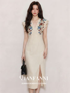 QFN | Romantic French Style Heavy Embroidery Elegant Graceful V-Neck High Waist Slimming Slit Dress
