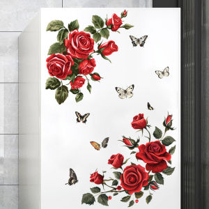 Red Rose with Butterflies Wall Decal - Removable Floral Vinyl Sticker for Kitchen Fridge Bedroom Bathroom Decor