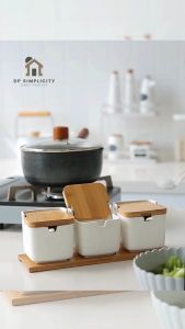 ถ้วยใส่เครื่องปรุง ถ้วยเครื่องปรุง โถใส่เครื่องปรุง นอร์ดิกสไตล์ ฝาปิดไม้ไผ่ แถมฟรี สติ้กเกอร์ฉลาก และ ปากกา