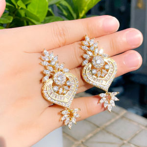 SEQUITO Women Trendy Costume Jewellery Yellow Gold Plated Inlaid Shiny Marquise Cut Cubic Zirconia Chandelier Dangle Drop Long Earrings for Wedding Party SE670