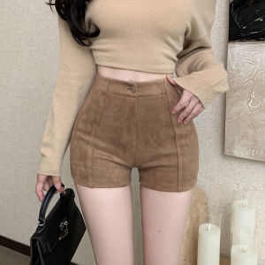 Elastic High-Waist Womens Short Pants Plaid Lining Regular Fit Black Bootleg Bottoming Trousers Fashionable Casual Pants