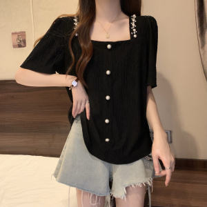 Plus Size Beaded Heavy Industry Shirt Stylish Niche Style Square Collar Shirt Womens Summer Plus Size Ladies French Style Unique Chic Tops
