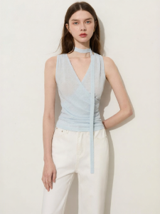 D-PLAY | Trendy Cloud Feeling Detachable Ribbon V-Neck Side Ruched Tank Top