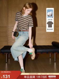 KuNMaVi Nautical Stripe Short Sleeve Knitted Cotton round Neck Top Womens Summer New Style Versatile Basic Solid Color Shirt