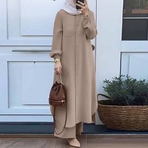 2024 Muslim Womens Wear Exclusive for Cross-Border Arab Style Fashion Printing Lapel Puff Sleeve Shirt Trousers Suit