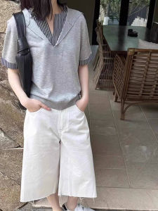 BINKAFENNY | Summer Womens Loose Fit Short Sleeve T-Shirt Patchwork Stripes Hoodie Slimming Effect V-Neck Korean Style Casual Top