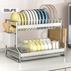 GSlife 2/3 Layers 304 Stainless Steel Dish Rrack with Drainer Dish Drying Rack Plate Bowls Storage Kitchen Racks Organizer