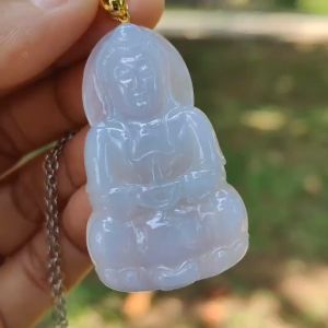 High Quality Light Lavender Natural Type A Jadeite Jade crafted As Guanyin set with 18k Gold Clasp as Pendant certificate weighs 14.87 grams measurement 46.6 * 28.2 * 6.5 mm (18kp58)