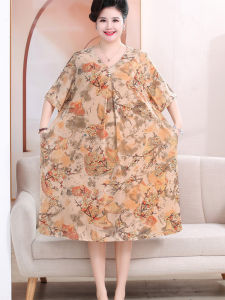 Ice Silk Short Sleeve Dress for Middle-Aged And Elderly Mothers Fashionable Summer Clothing Belly Covering Maxi Skirt