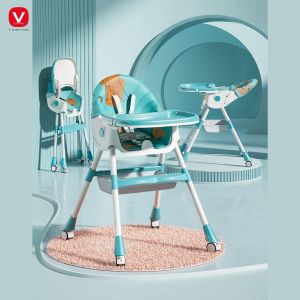 Ghế ăn dặm V-BABY 909 mẫu mới 2022 có bánh xe gấp gọn ngả lưng ghế cho bé.Hàng chính hãngBH 12 tháng