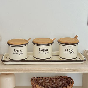 Laomai [Homemade] French Ins Enamel Seasoning Jar Sucrier Salt Jar Tea Jar Coffee Pot Lard Jar with Lid