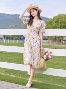 XIANGYING | Đầm Maxi Tím Dây Nơ Buộc Eo Tay Bồng