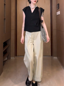 High Waist Wide Leg Straight Cut Pants Womens Summer New Style Loose Trousers Drapey Thin Long Trousers Conceal Hip Meat