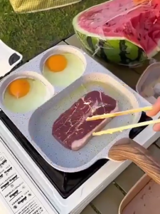 Nipiin 3in1/4 Hole Egg Burger Flat Bottom Frying Pot Steak Frying Pan Pancake Maker Pan With Wooden Handle