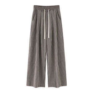 Quần nữ MiiOW vải cotton kẻ sọc rộng rãi lưng cao ống rộng