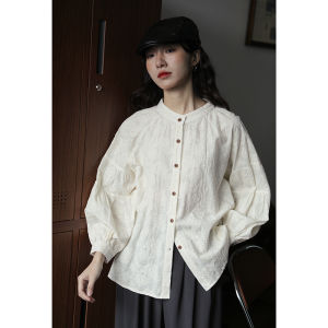 Retro Commuter Loose Fit Long Sleeve round Neck Lace Shirt Womens Early Spring Design Sense Top Shirt Lantern Sleeve Button Detail