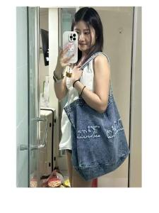 กระเป๋าถือผ้าเดนิมแบบลำลองสำหรับผู้หญิง กระเป๋าสะพายไหล่ข้างเดียวขนาดใหญ่แบบลำลอง กระเป๋าถือ Tote Bag กระเป๋าสะพายข้างแบบลำลอง