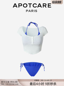 APOTCARE ชุดว่ายน้ำบิกินี่สีฟ้าแบบแยกส่วนสำหรับผู้หญิง ชุดว่ายน้ำสไตล์สปาแบบไฮเอนด์ เอวสูง ความยาวปกติ คอกลม ไม่มีโครง