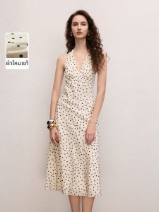LANCY FROM 25 | Silk V-Neck Halter Backless Sleeveless Polka Dot Print Long Dress