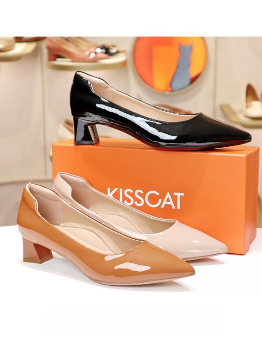 Kisscat Kiss Cat New Style Chunky High Heel Pointed Toe Genuine Leather Slip-On Women's Shoes Fashion Single Shoes KA54167-10