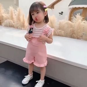 Setelan Set 2in1 Overall Anak Bayi Perempuan Kodok Garis Strip Pendek Import Cewek