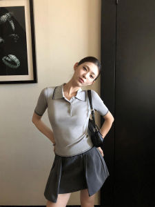 Long Termism Retro Color Block Polo Neck Short Sleeve Knitted Loose Fit T-Shirt for Women Casual Comfortable Breathable Top