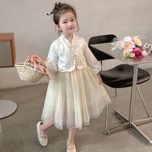 Princess Style Girls Dress Summer Retro Chinese Nationalistic Cheongsam Hanfu Skirt Embroidered Ethnic Fashionable Tulle Skirt