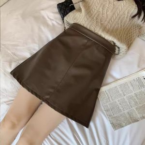 Váy Ngắn Dáng Chữ a Cạp Cao Bằng Da PU Cho Nữ Mùa Xuân Thu Chống Ánh Sáng Cho Phụ Nữ Ngoại Cỡ Váy Chống Hở Hang Phong Cách Hàn Quốc