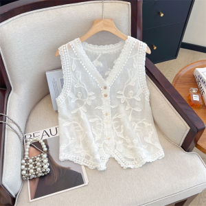 AIYITI | Elegant Embroidered V-neck Sleeveless Vest Jacket Plus Size Womens Fashionable Summer 2025 Outerwear Comfortable Fit Top