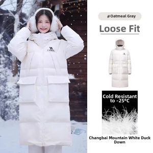 CAMEL | Thickened Warm High Neck Hooded Workwear Style Womens Down Jacket Medium-Long