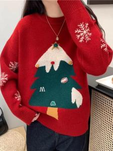 Stylish Red Christmas Sweater Womens Autumn Winter Lazy Style Knitted Shirt Beautiful Warmth Long Sleeve round Neck Cashmere
