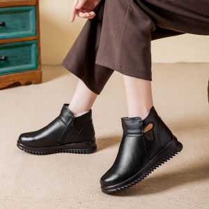 LUQUTCR Fashion Winter Women Leather Ankle Boots Female Thick Plush Warm Snow Boots Mother Waterproof Non-slip Booties
