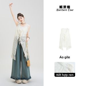 Nurture One | Bộ Áo Gile Thêu Ren Be Đen Và Quần Jeans Ống Rộng Form Rộng