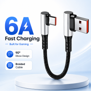 USB C Cable 6A Fast Charging Short Cord USB A to Type C 90 Degree Right Angle Braided Charger 0.25m 0.5m for Phone Gaming