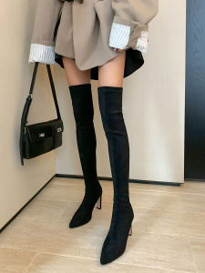 Yangxiaoyu Genuine Leather Pointed Toe High Heel over-the-Knee Long Boots Stiletto Heel Autumn and Winter Elastic Chunky Heel Large Size 43 Long Tube Female Boots