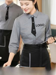 Summer Shirt Seven-Quarter Sleeve Work Uniform for Restaurant And Hotel Service Staff Tea House Cake Bread Milk Tea Polyester Fiber