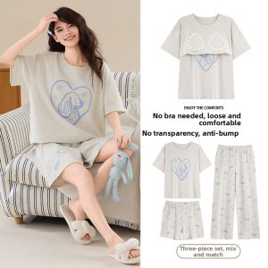 COSMO LADY | Short Sleeve Round Neck Integrated Pads Cute Cartoon Pajamas Set