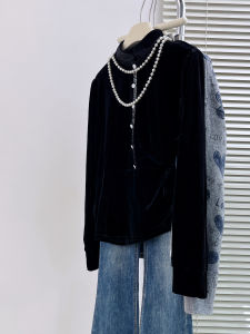QINGNAER | Elegant Black Velvet Shirt Loose Fit